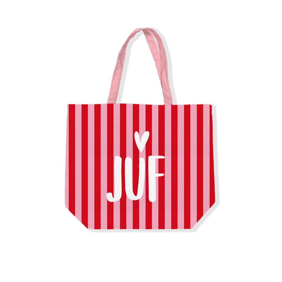 Canvas Shopper Juf (rood met roze gestreept)