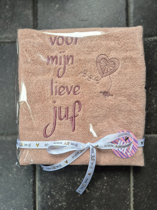 Handdoek met geborduurde tekst voor mijn lieve juf