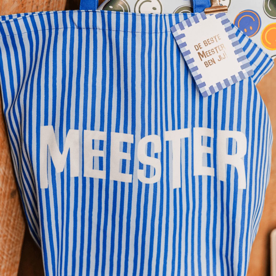Canvas Shopper Meester (wit met blauw gestreept)